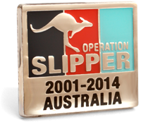 The rectangular Operation Pin is showing the tri-service colours of navy blue, red and light blue in vertical stripes set in a Silver plate face with a leaping kangaroo in Silver and words Operation Slipper printed over. The word Australia sits at the bottom of the lapel pin face.