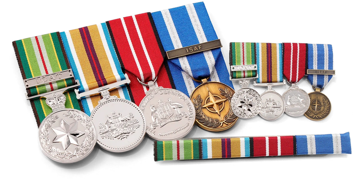 Common medal groups with MagnaRack mounting in full size medals, miniature medals, and ribbon bar 